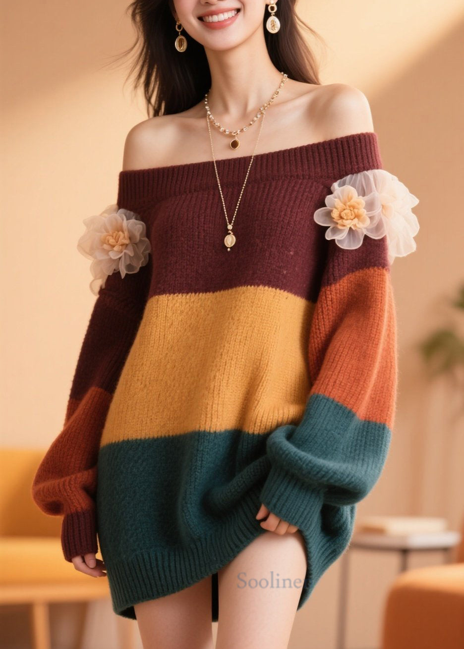 Handmade Colorblock Cold Shoulder Floral Patchwork Knit Sweater Fall