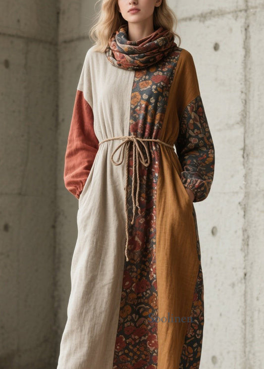 Handmade Colorblock Print Pockets Lace Up Cotton Dress Fall