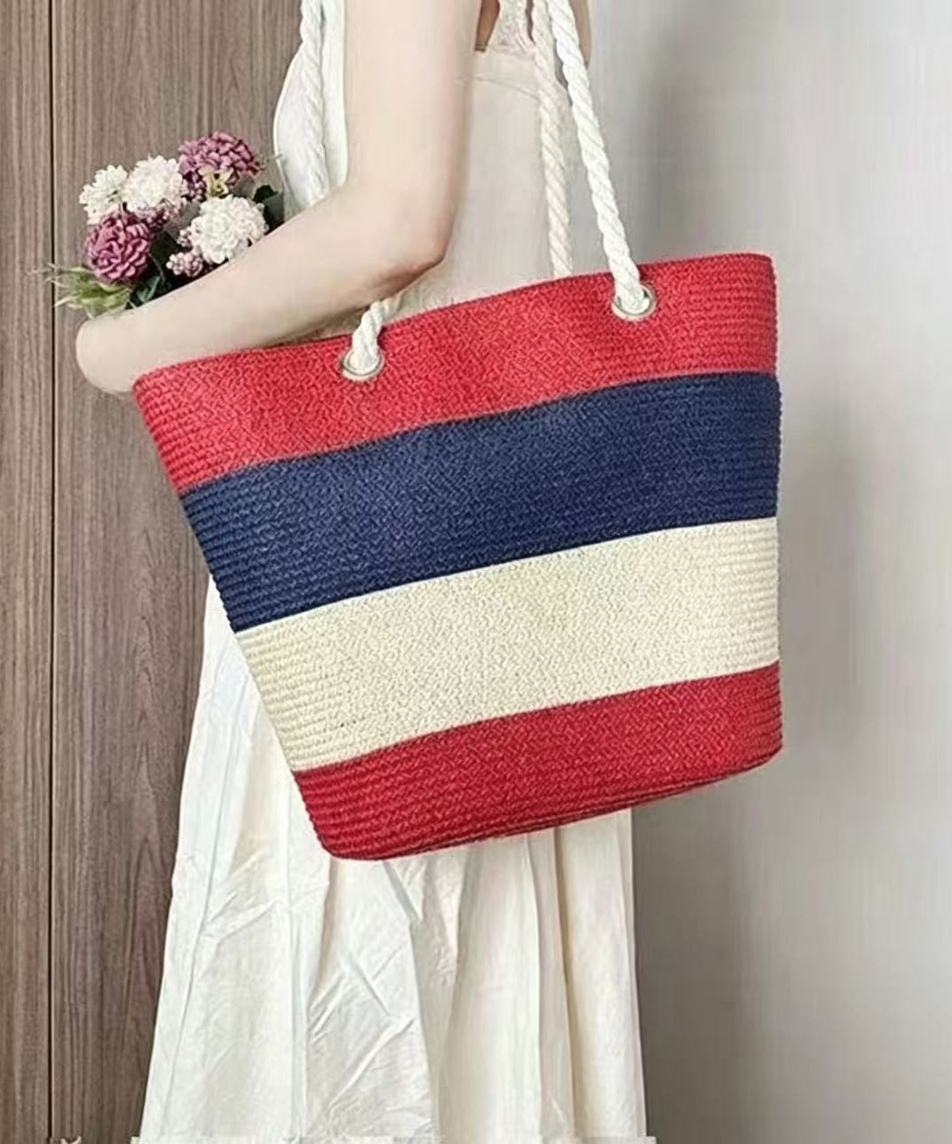 Handmade Colorblock Striped Straw Woven Floppy Sun Hat And Shoulder Handbag Two Pieces Set