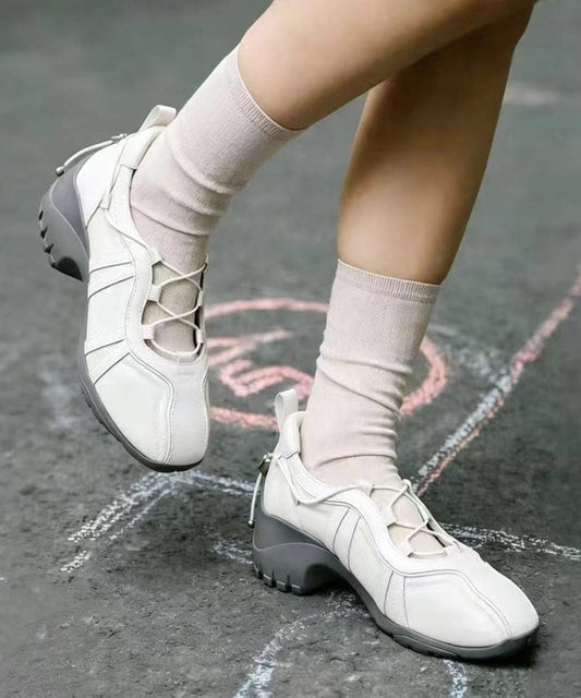 Handmade Cross Strap Chunky Flat Feet Shoes Grey Faux Leather