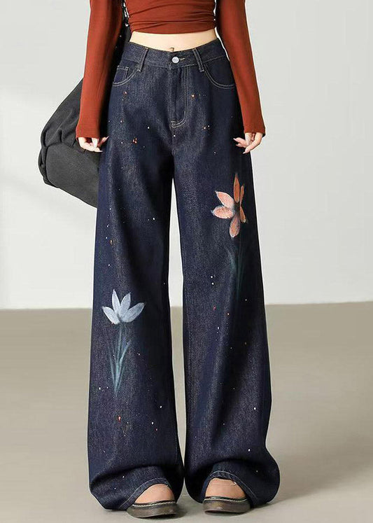 Handmade Dark Blue Pockets Print Wide Leg Jeans Summer
