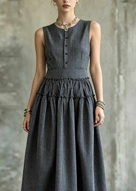 Handmade Dark Grey Wrinkled Patchwork Plaid Long Spaghetti Strap Dress Sleeveless