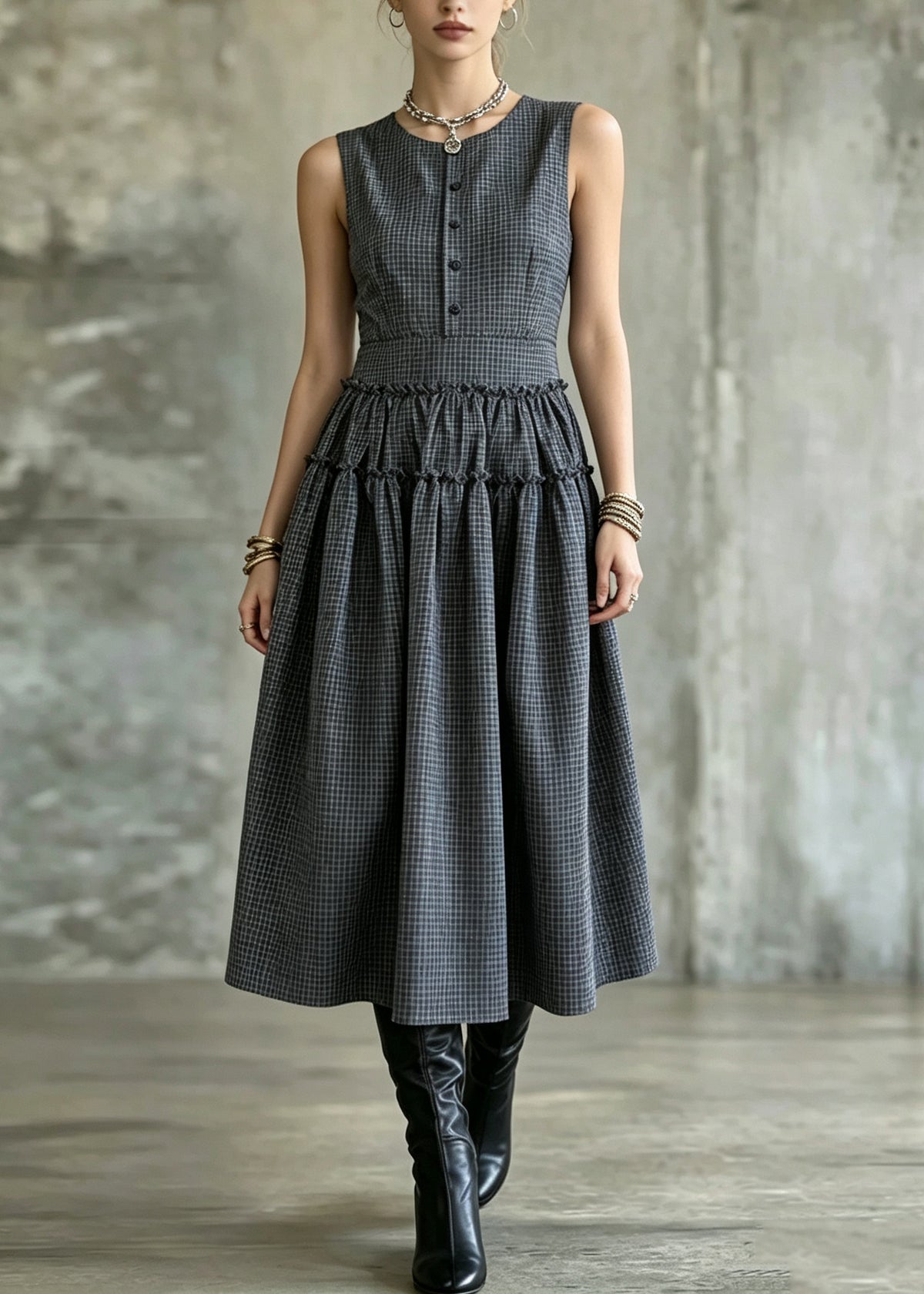 Handmade Dark Grey Wrinkled Patchwork Plaid Long Spaghetti Strap Dress Sleeveless