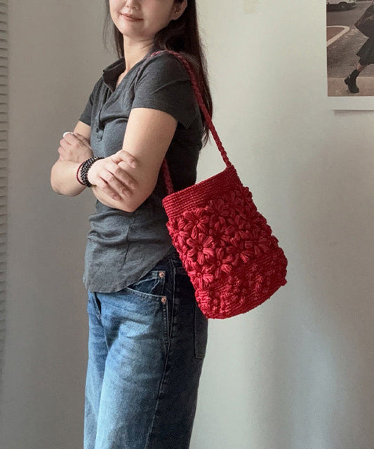 Handmade Floral Straw Woven Red Shoulder Bucket Bag