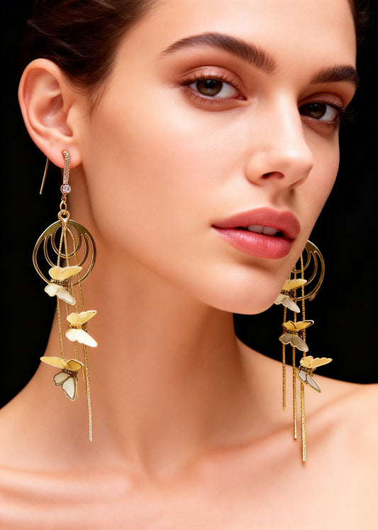Handmade Golden Butterfly Long Tassels Drop Earrings
