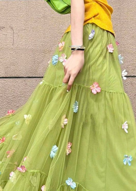 Handmade Green High Waist Patchwork Tulle A Line Skirts Skirt