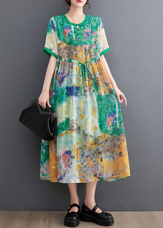 Handmade Green O-Neck Print Patchwork Drawstring Maxi Dress Short Sleeve