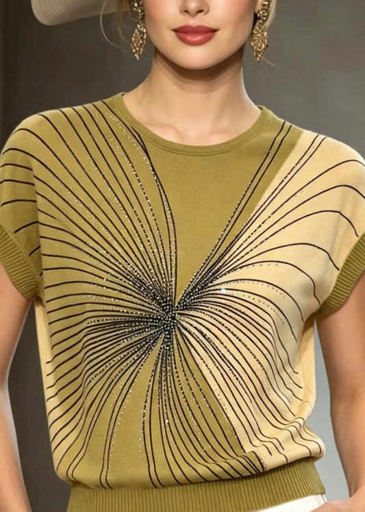 Handmade Green O Neck Zircon Ice Silk Knit Top Summer