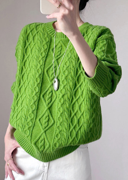 Handmade Green Patchwork Cotton Knit Sweater Long Sleeve