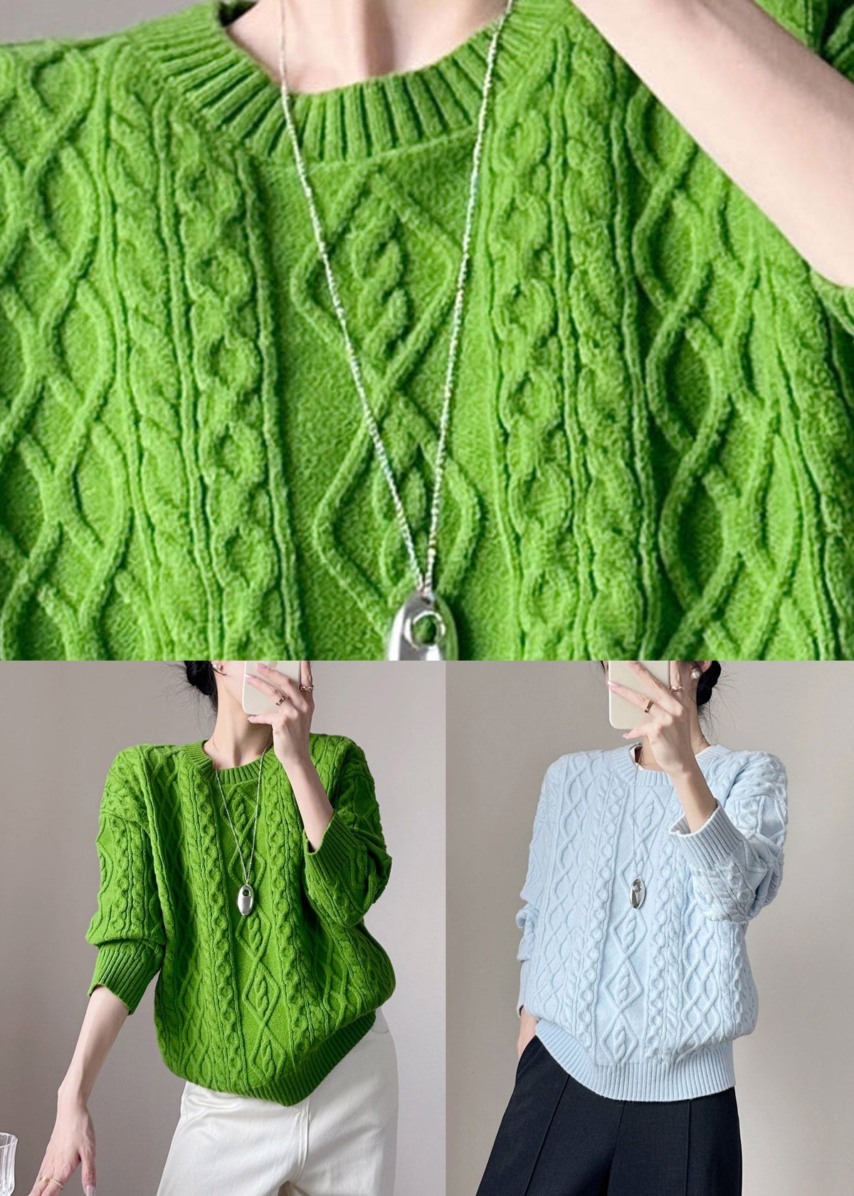 Handmade Green Patchwork Cotton Knit Sweater Long Sleeve