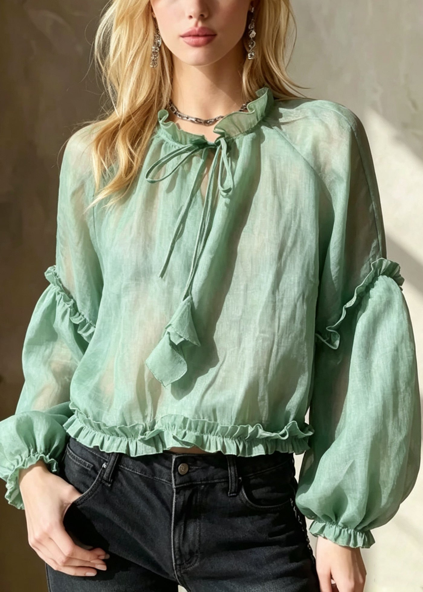 Handmade Green Ruffled Patchwork Cotton Shirt Tops Fall