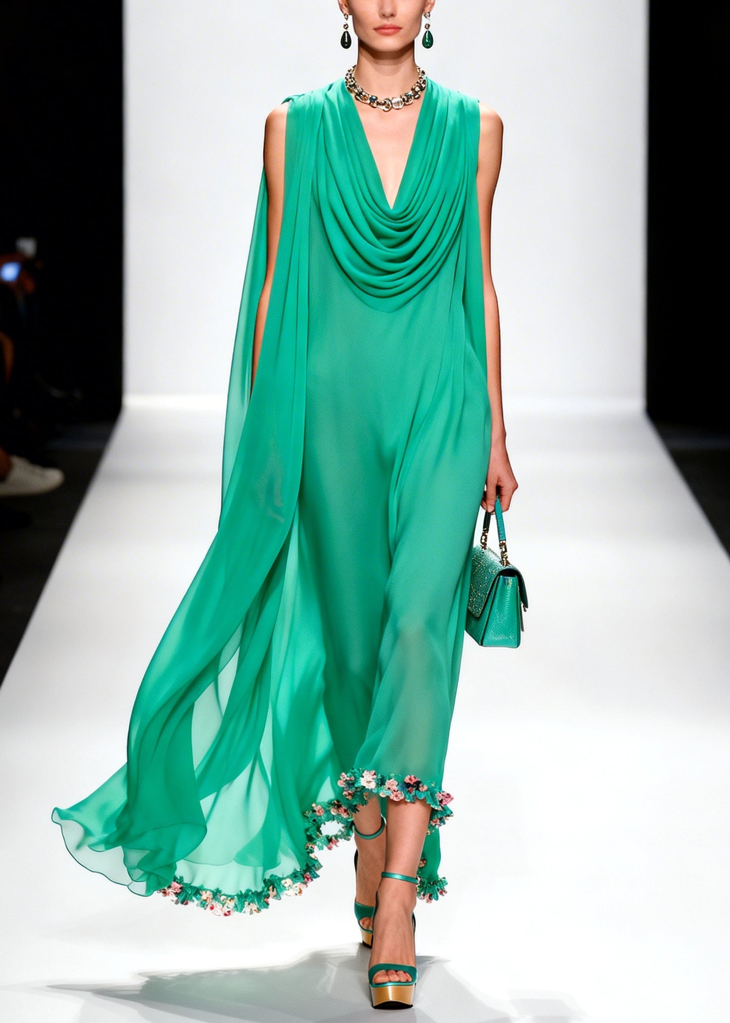 Handmade Green Turtle Neck Patchwork Flower Chiffon Dress Summer