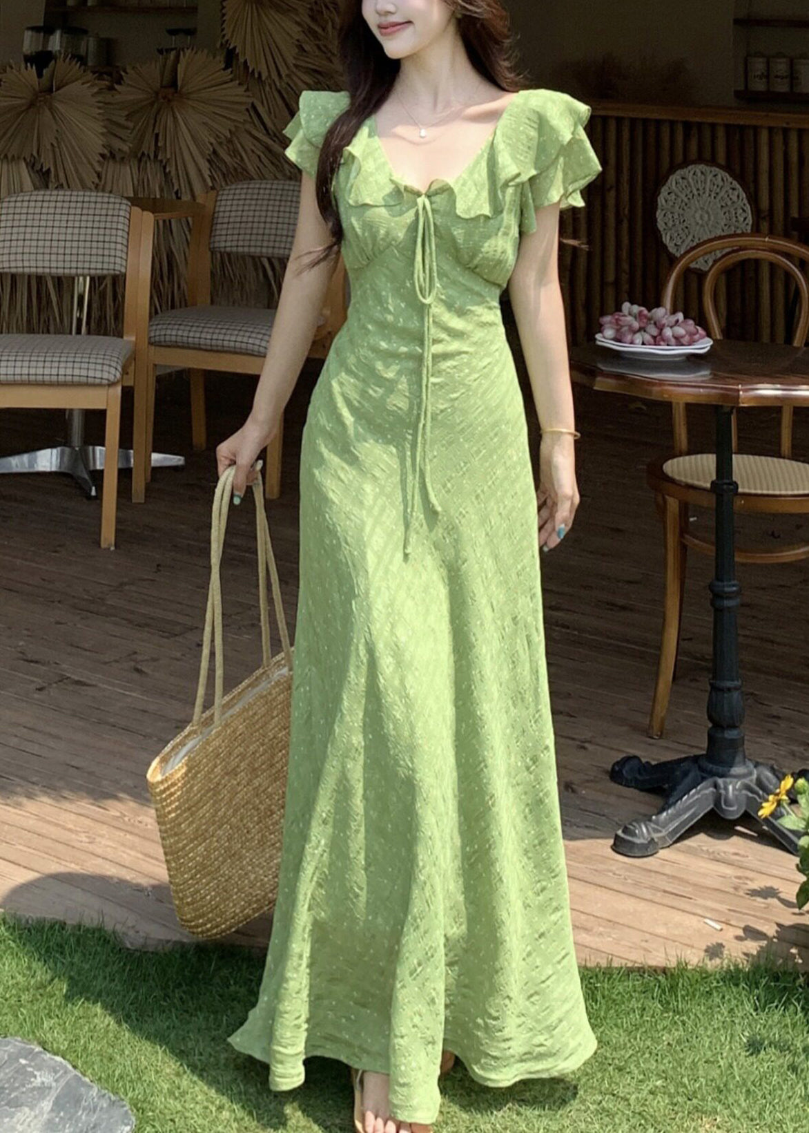 Handmade Green V Neck Tie Lace Print Maxi Dress Short Sleeve