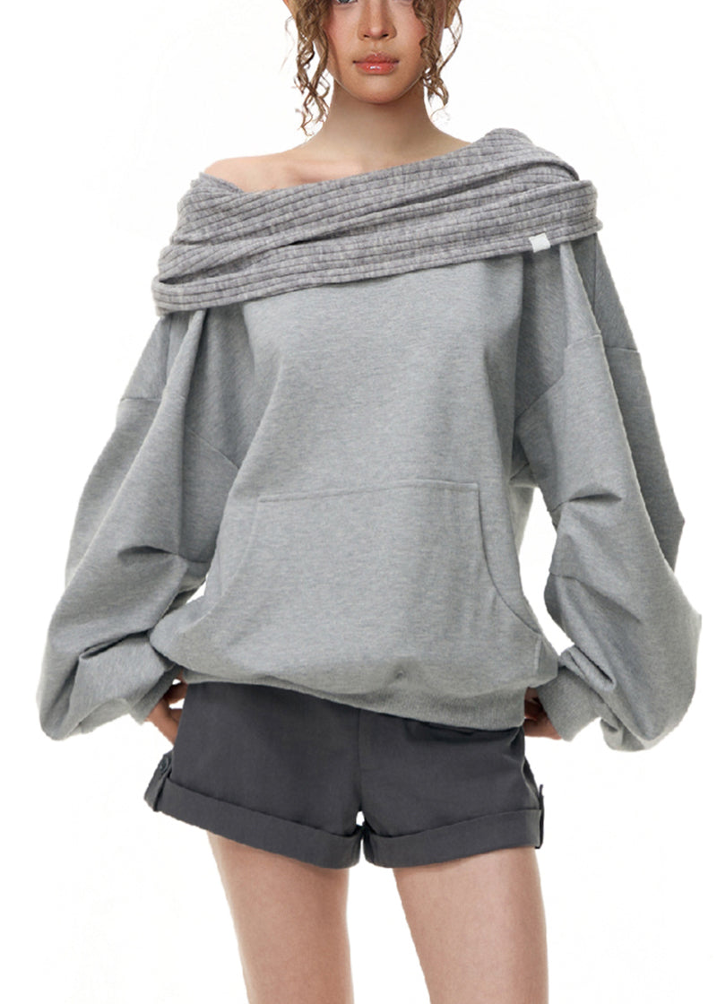 Handmade Grey Slash Neck Patchwork Loose Sweatshirt Fall