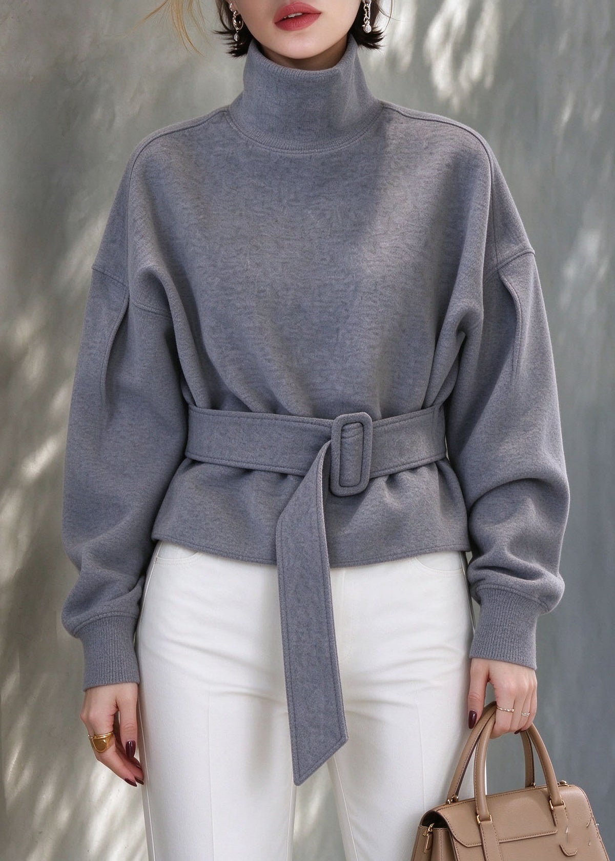 Handmade Grey Turtleneck Patchwork Tunic Solid Sweatshirts Lantern Sleeve