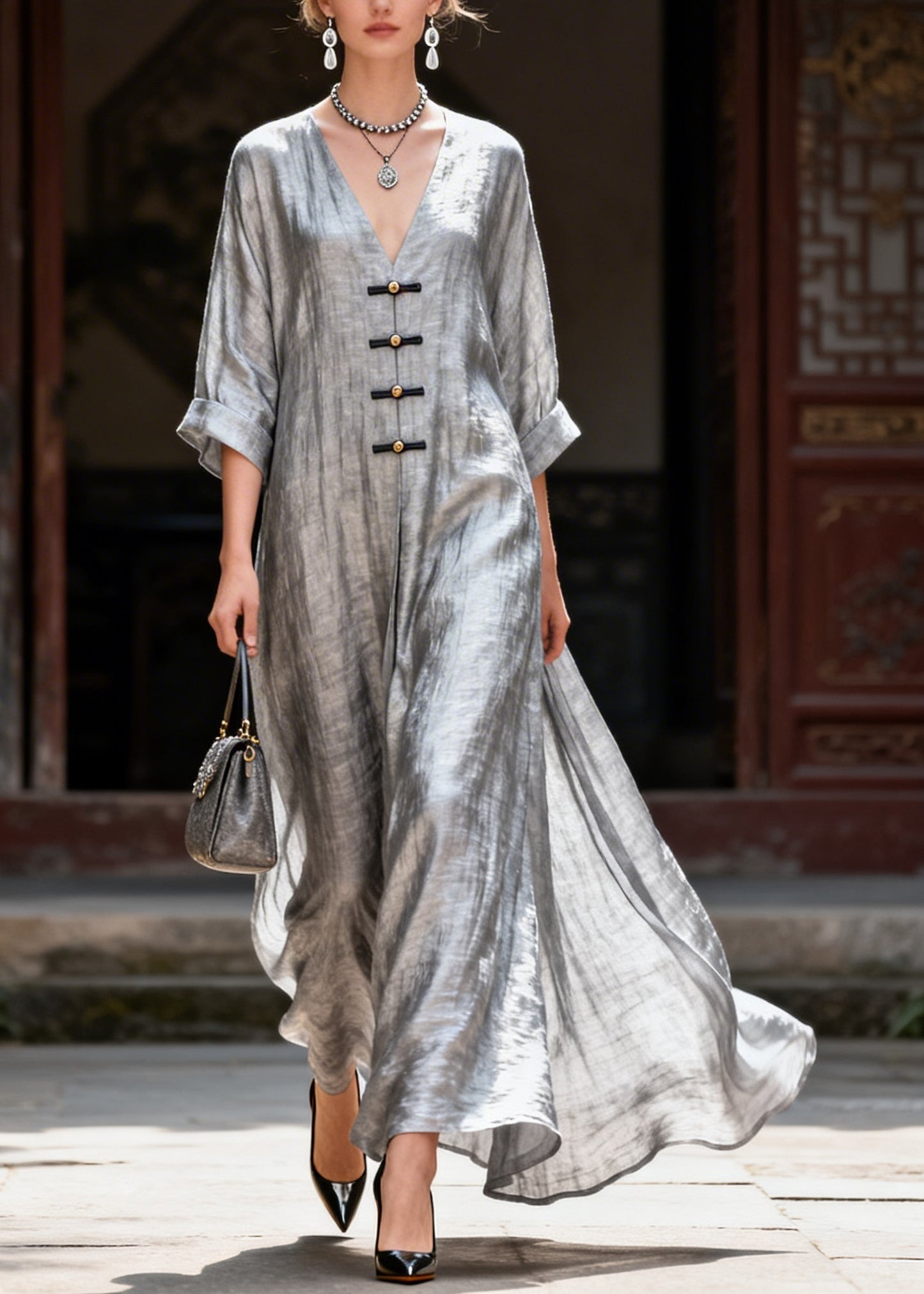 Handmade Grey V Neck Button Solid Maxi Dress Summer