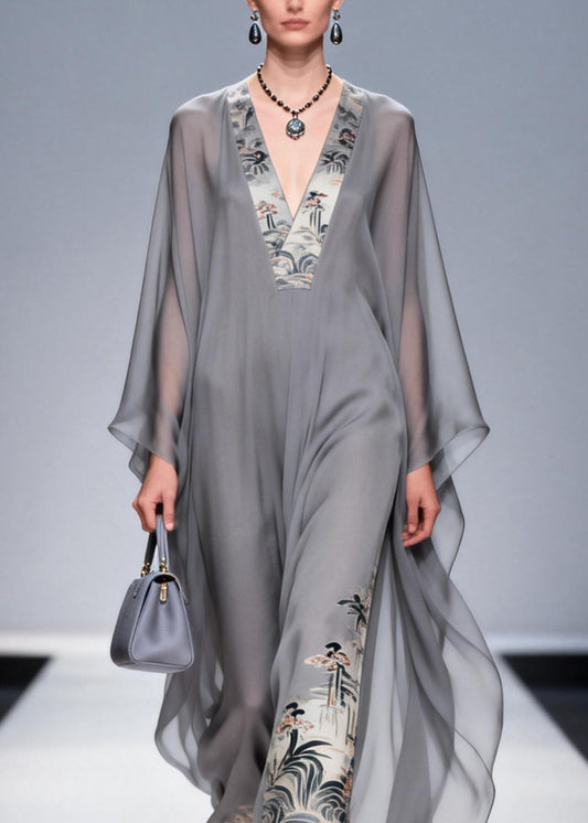 Handmade Grey V Neck Print Patchwork Chiffon Dresses Spring
