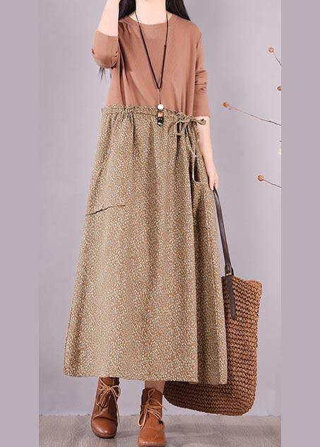 Handmade Khaki Patchwork Print Tunics For Women O Neck Plus Size Spring Dress - SooLinen