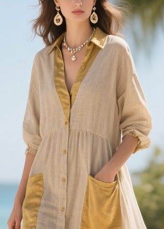 Handmade Khaki V Neck Patchwork Tulle Long Dress Summer