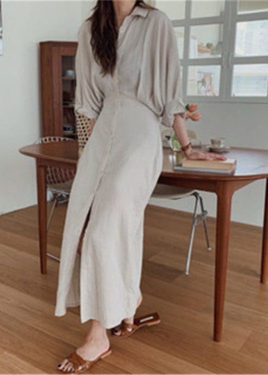 Handmade Light Chocolate Bat wing Sleeve Patchwork Cotton Shirt Dress Long Sleeve