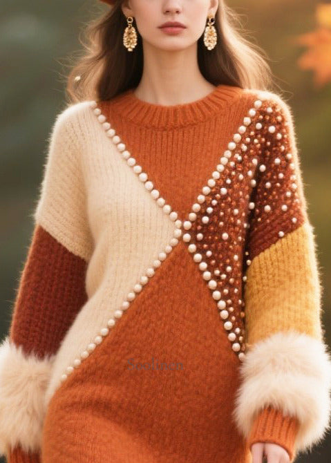 Handmade Nail Bead Patchwork Faux Fur Knit Sweater Dress Winter