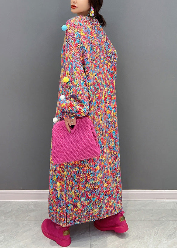 Handmade O-Neck Print Fuzzy Ball Decorated Knit Long Sweaters Dresses Winter