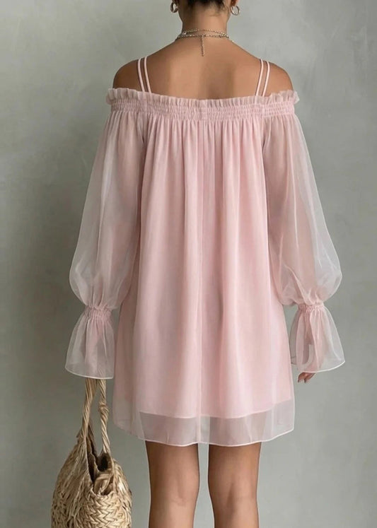 Handmade Pink Cold Shoulder Ruffled Patchwork Chiffon Dresses Long Sleeve