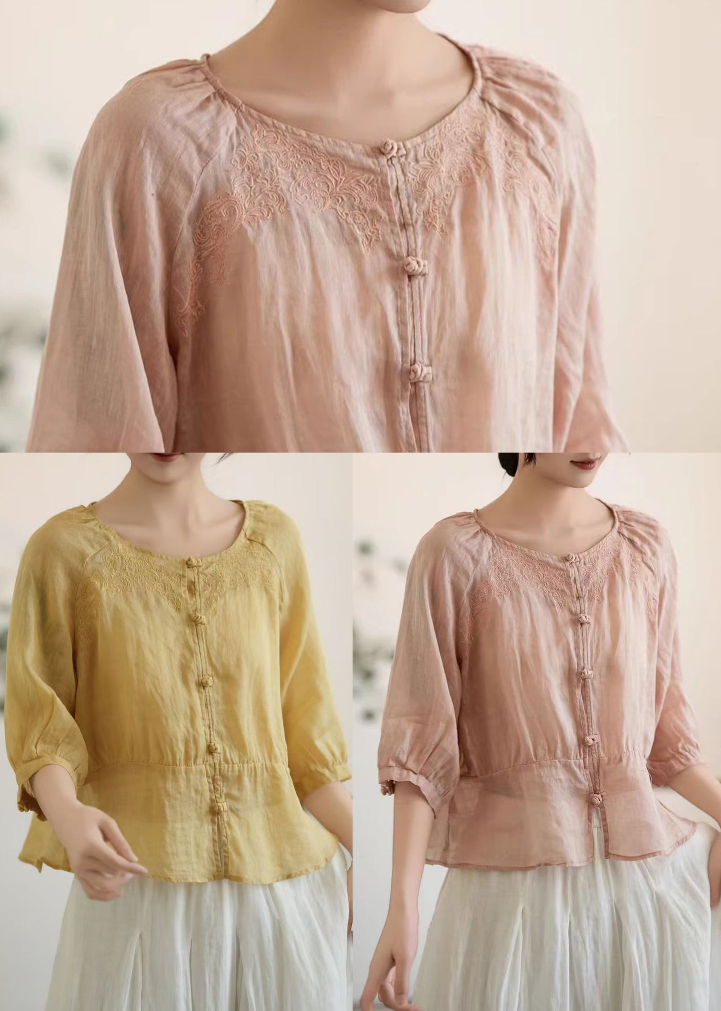 Handmade Pink O-Neck Embroidered Linen Shirt Tops Summer