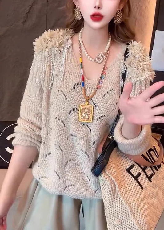 Handmade Pink V Neck Tasseled Hollow Out Knit Sweaters Fall