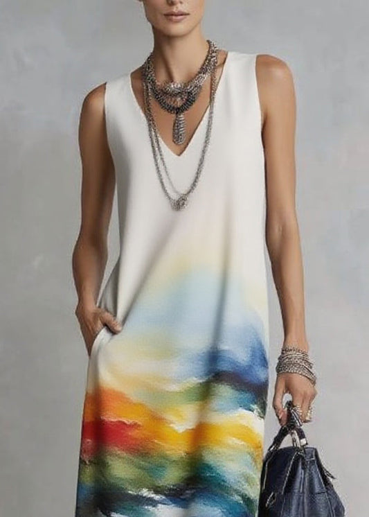 Handmade Print Mid Dresses V Neck Pockets Sleeveless