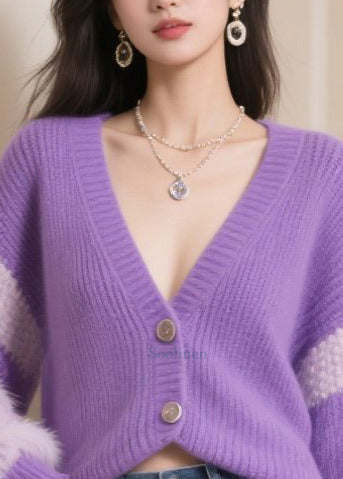 Handmade Purple Oversized Patchwork Faux Fur Knit Cardigans Winter