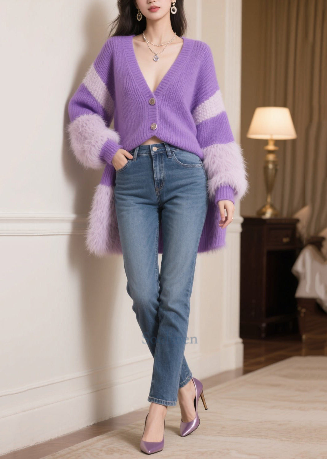 Handmade Purple Oversized Patchwork Faux Fur Knit Cardigans Winter