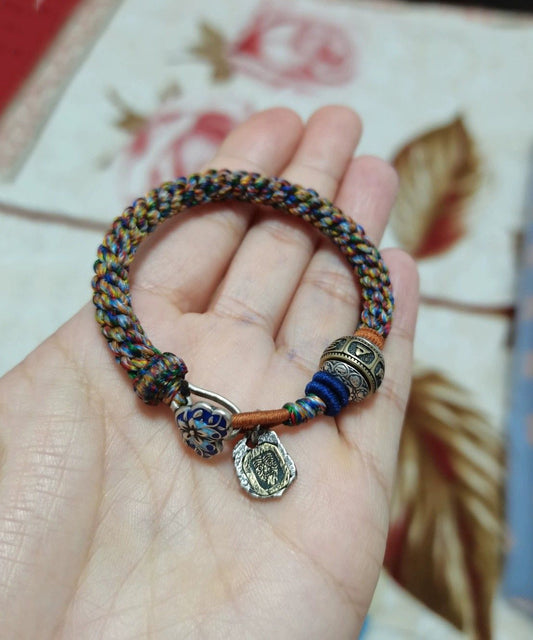 Handmade Rainbow Sterling Silver Weave Lucky Bead Charm Bracelet