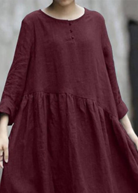 Handmade Red O-Neck Patchwork Pockets Robe Dresses Fall