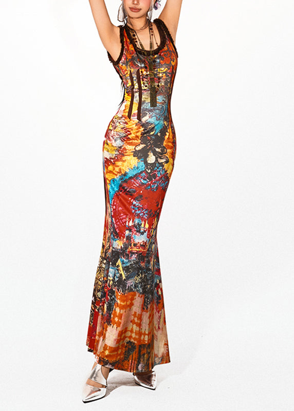 Handmade Red O-Neck Print Maxi Fishtail Dresses Summer