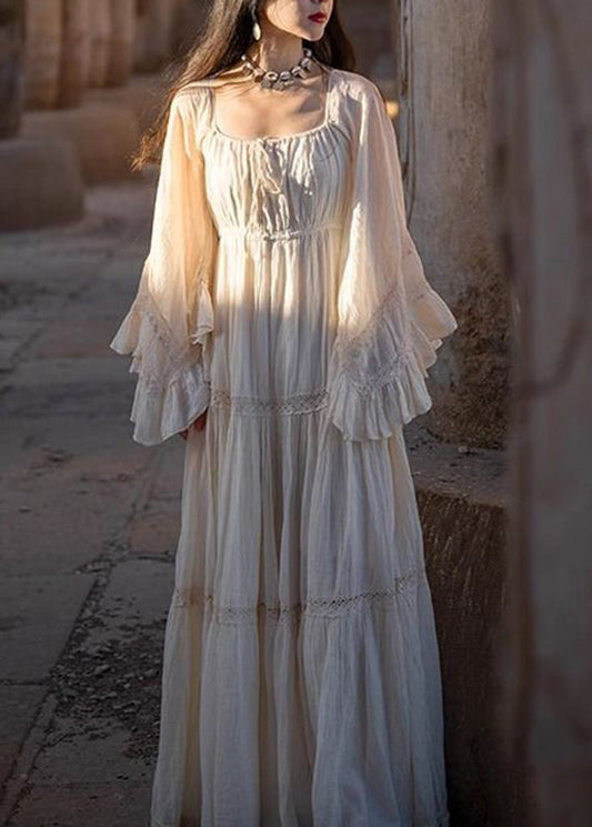 Handmade Red Square Collar Patchwork Maxi Dresses Flare Sleeve