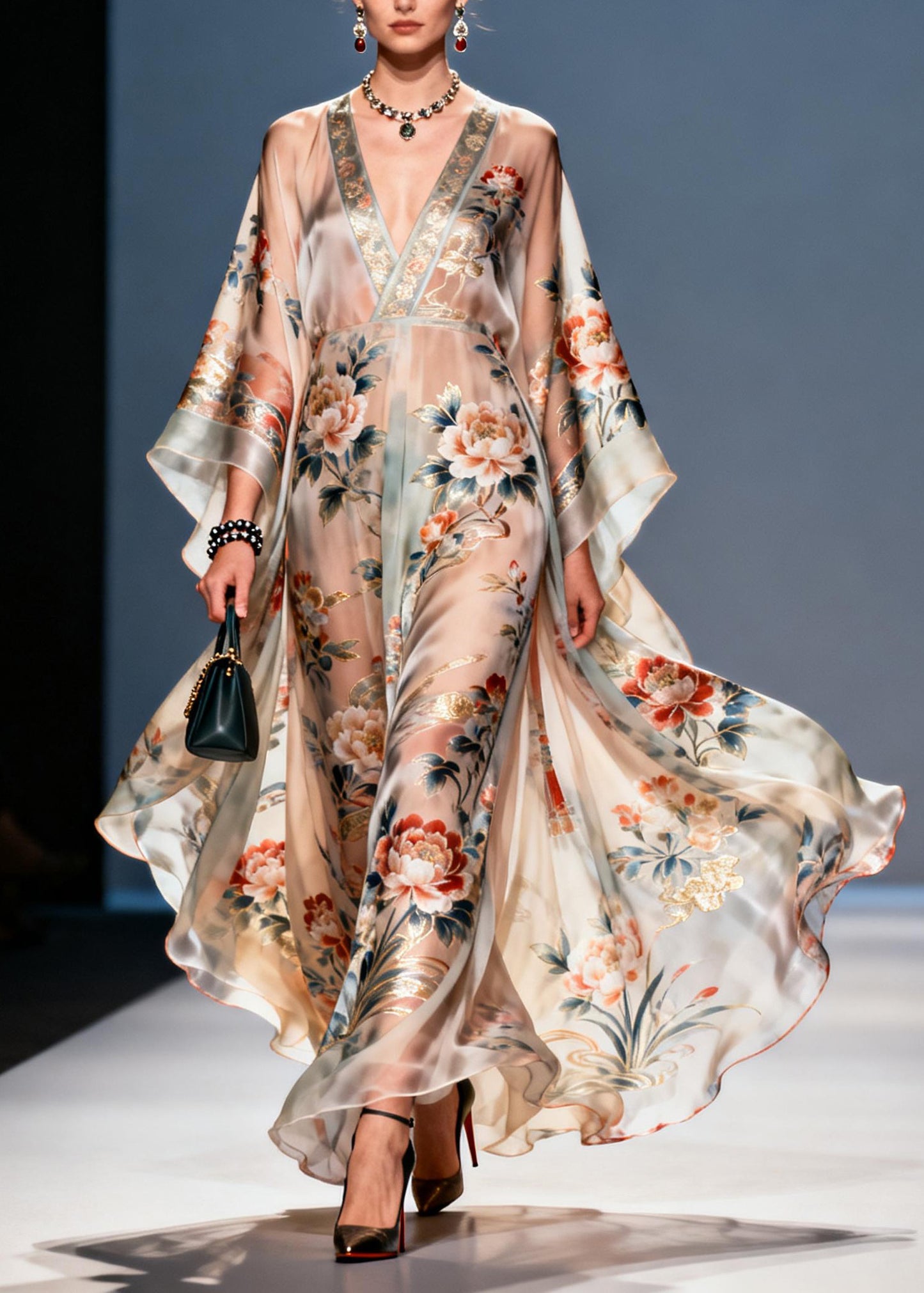 Handmade V Neck Print Chiffon Vacation Dresses Summer