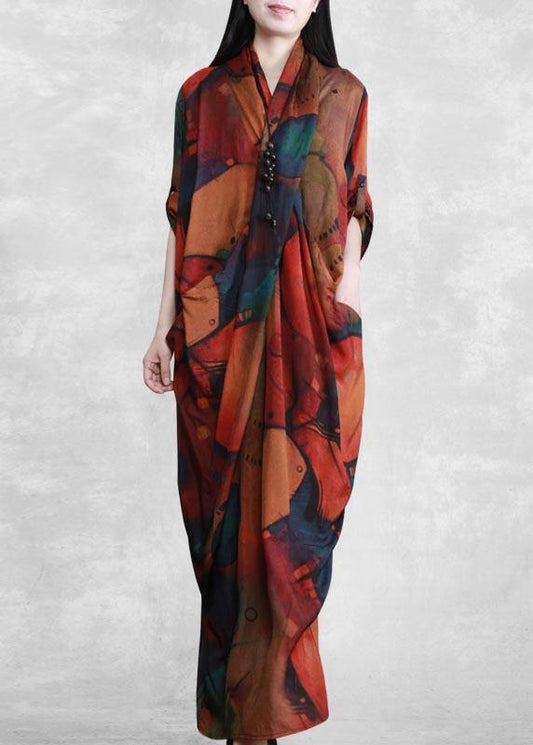 Handmade V Neck SpringC lothes Women Tutorials Print Robes Dress - SooLinen