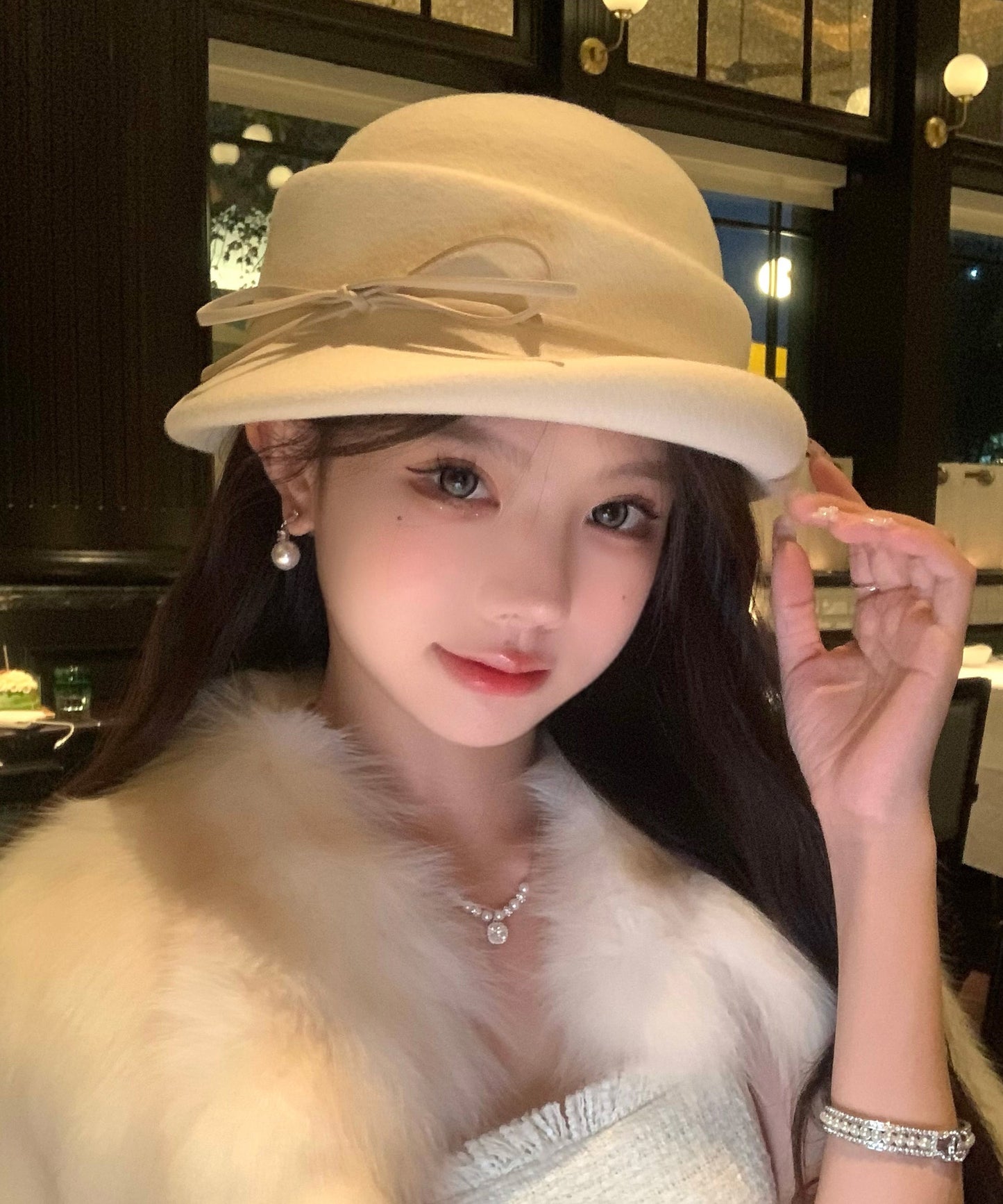 Handmade White Bow Cozy Warm Woolen Bucket Hat