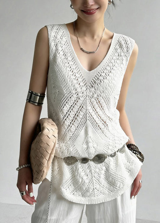 Handmade White Hollow Out Knit Beach Vest Summe