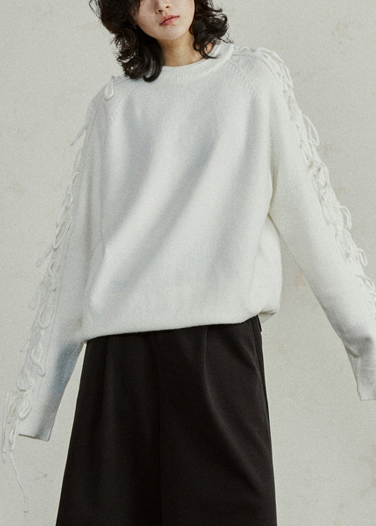 Handmade White O-Neck Cozy Cotton Knit Sweater Tops Long Sleeve