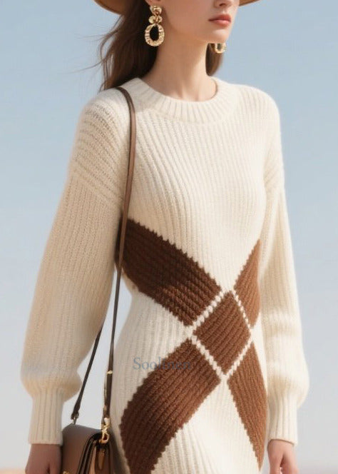 Handmade White Patchwork Warm Knit Dress Winter