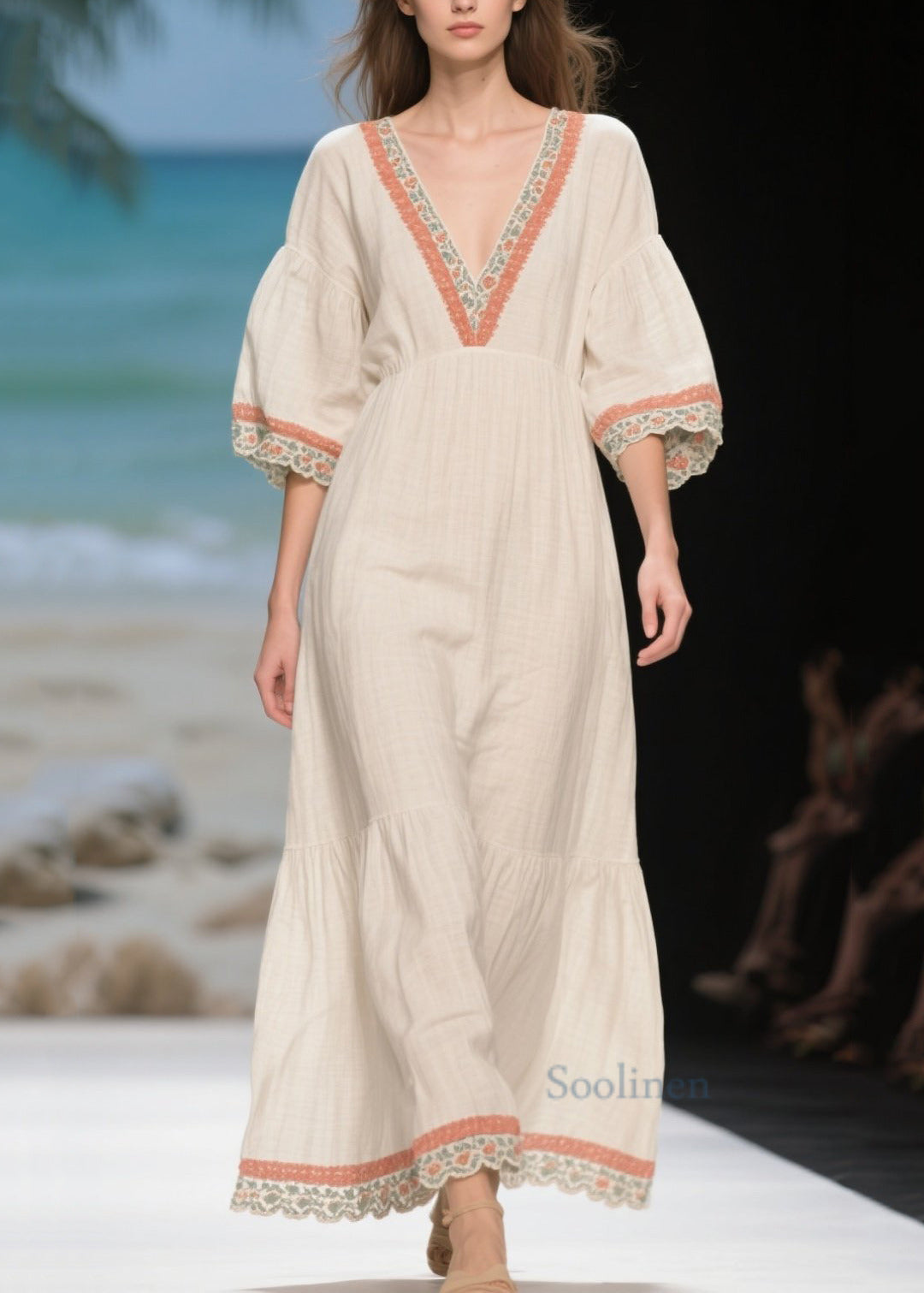 Handmade White Puff Sleeve Patchwork Linen Long Dress