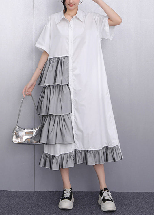 Handmade White Ruffled Patchwork Maxi Dress Short Sleeve