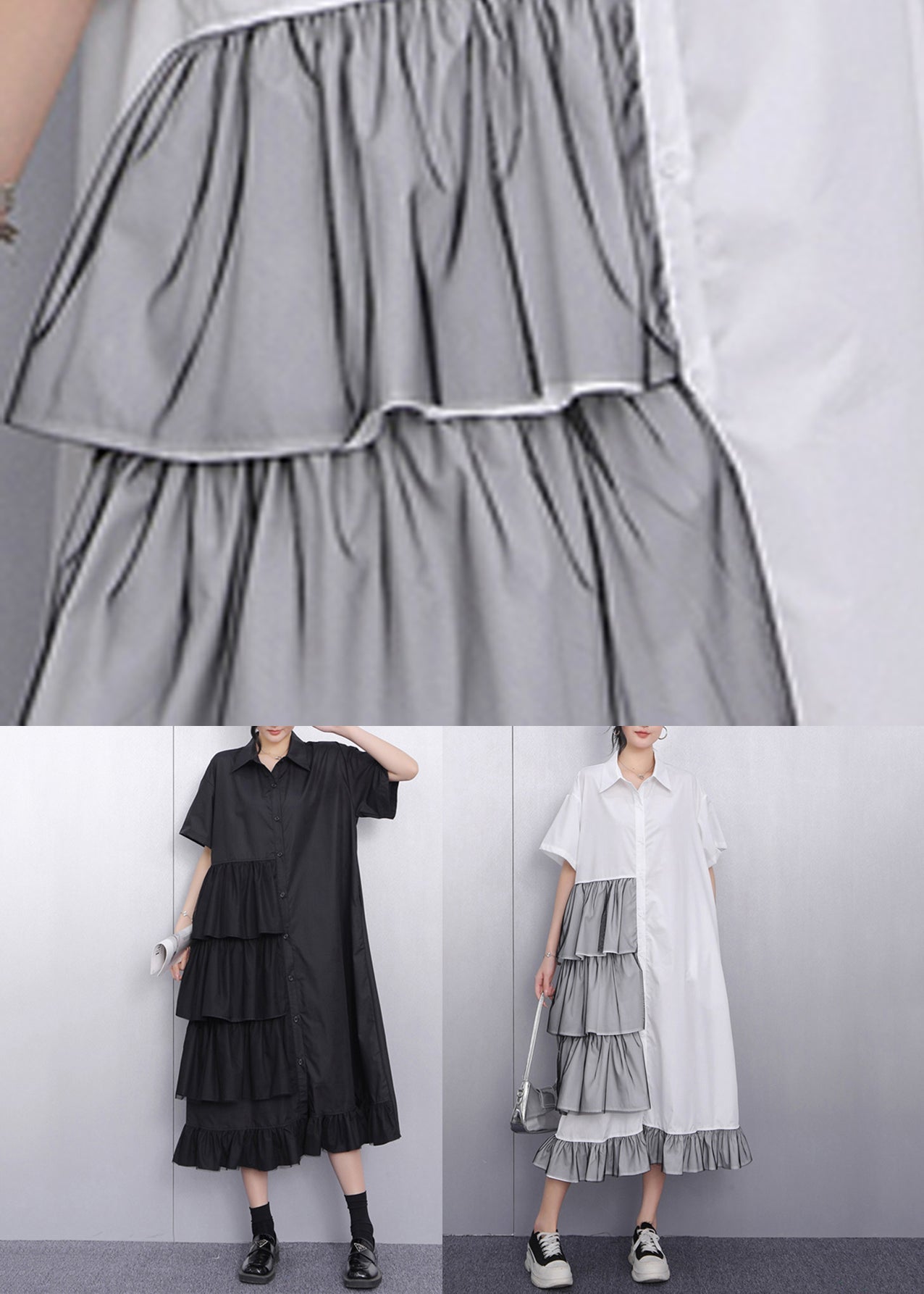 Handmade White Ruffled Patchwork Maxi Dress Short Sleeve