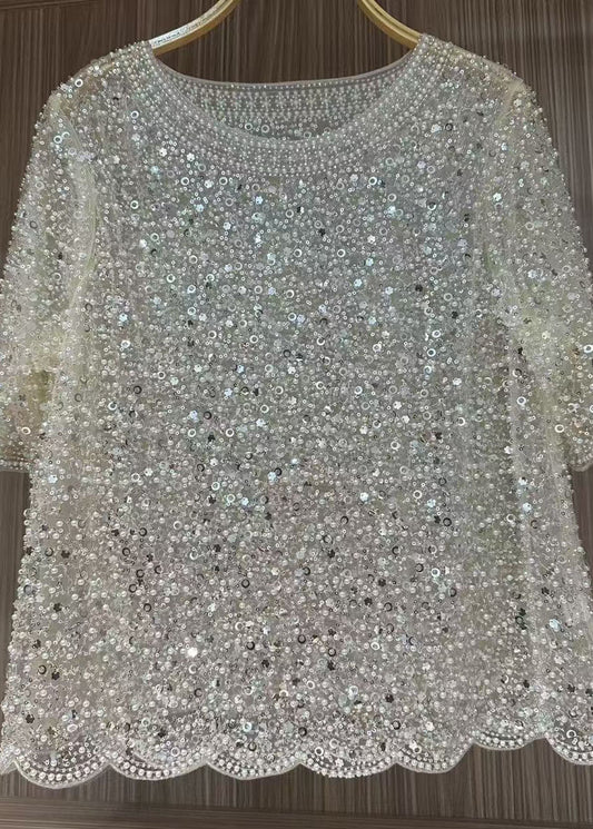 Handmade White Sequins Pearl Tulle Tops Summer