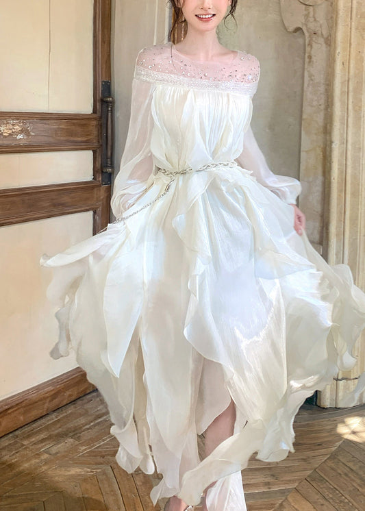 Handmade White Sequins Slash Neck Chiffon Dresses Summer