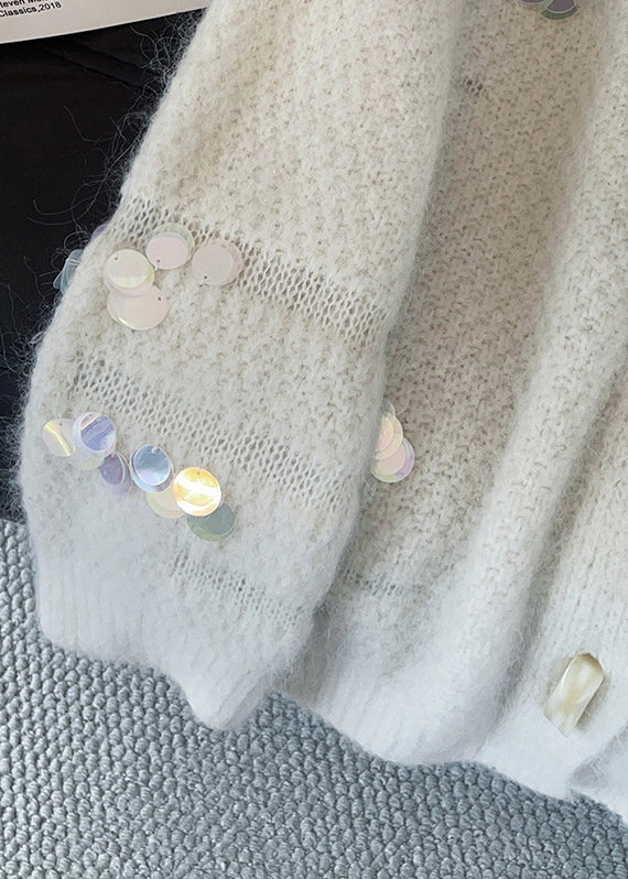 Handmade White V Neck Button Sequins Woolen Cardigan Fall