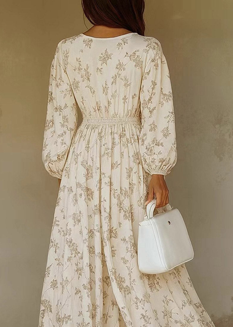 Handmade White Wrinkled Print Maxi Dress Lantern Sleeve