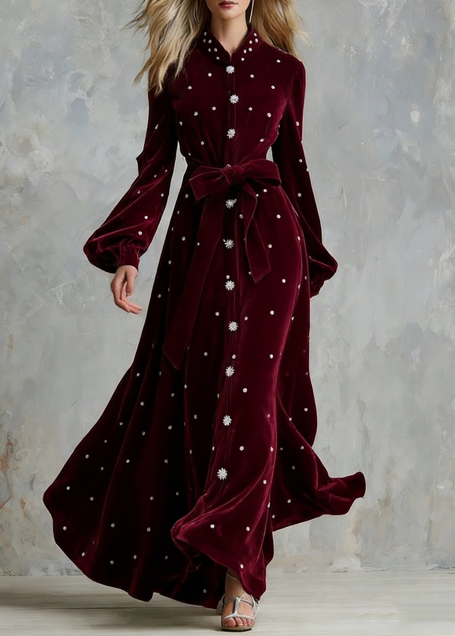 Handmade Wine Red Zircon Tie Waist Silk Velvet Maxi Dresses